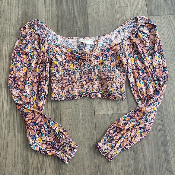 Urban Outfitters | Colourful floral smocked long sleeve crop top Size Medium - Picture 1 of 13